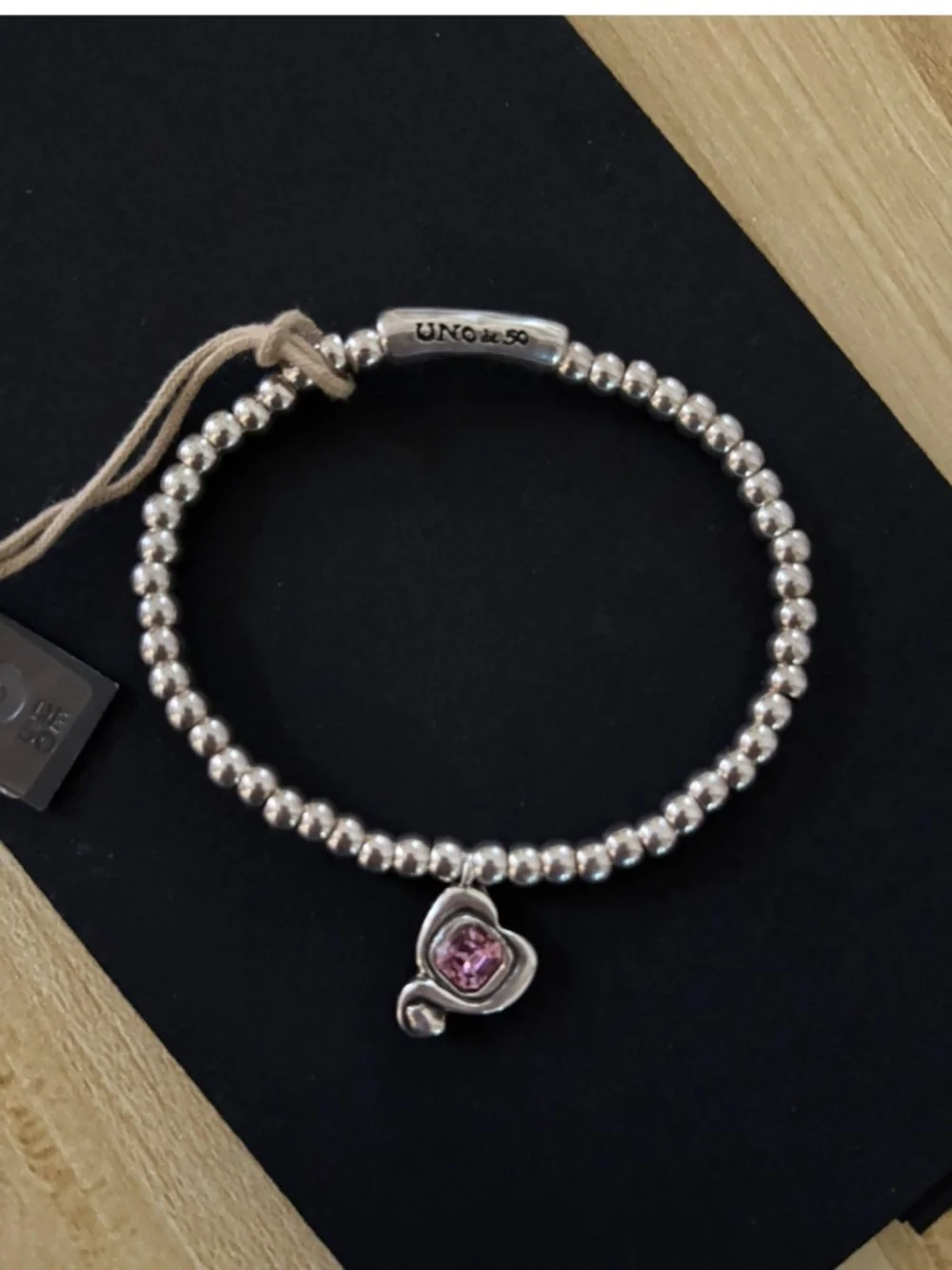 UNO de 50 Silver Beaded Bracelet with a  Crystal Heart Charm. New - Picture 4 of 6